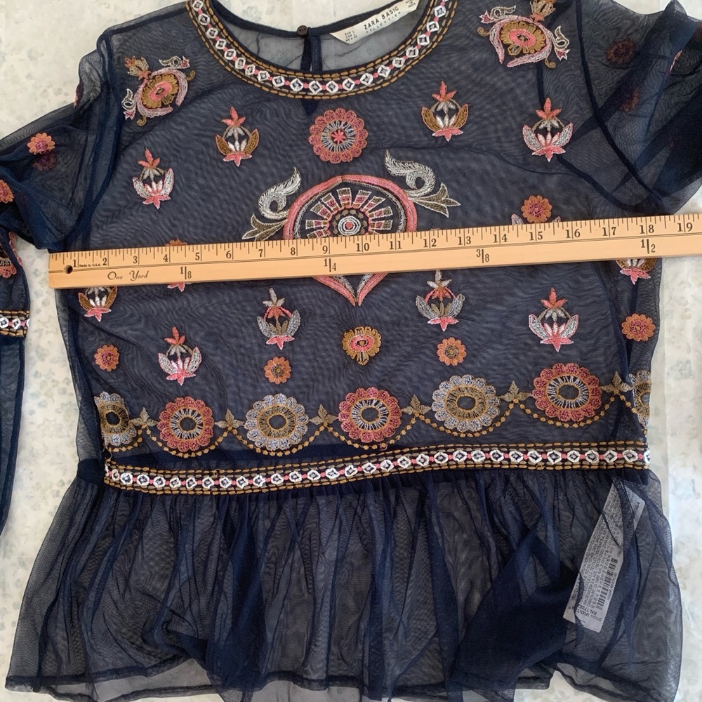 ZARA Basic Embroidered Sheer Mesh Boho Blouse Peplum Top Navy Size L - Picture 7 of 13